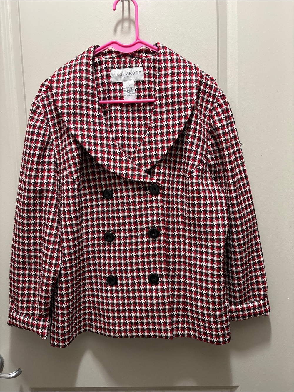 Sag Harbor Red and White Houndstooth Pea Coat